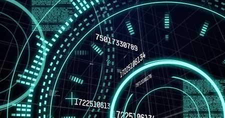 Digital data and numbers image over grid background with curved lines. Technology, futuristic, abstract, information, analysis, visualizationの写真素材