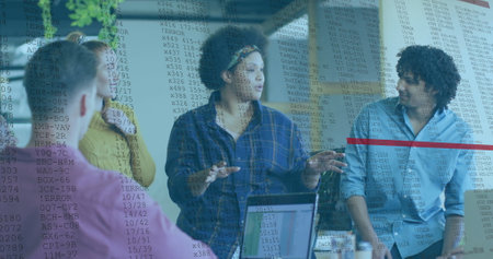 Financial data processing image over diverse business people in office. Finance, data analysis,...