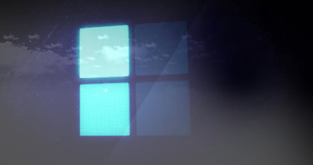 Glowing blue square image over cloudy sky background. digital, clouds, futuristic, technology,...