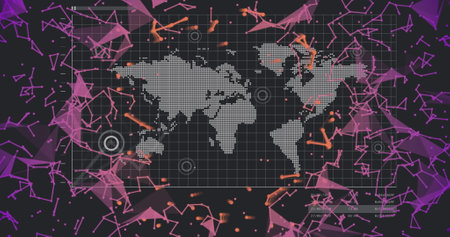 World map with data points and network connections image over abstract shapes. Global, networking, digital, technology, connectivity, informationの写真素材