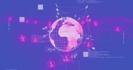 Image of, Global network connections and financial symbols over animated globe. Technology, networking, finance, globalization, data, digitalの写真素材