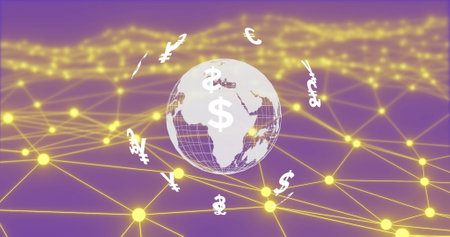 Global currency symbols rotating around Earth image over network connections. Finance, international, economy, connectivity, digital, technologyの写真素材