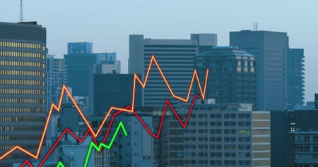 Image of diagrams moving over cityscape. Global business, city and digital interface concept,...