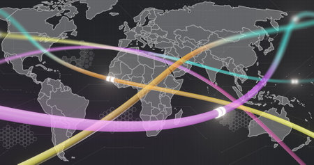 Colorful data streams image over world map with network connections. Technology, digital, global,...