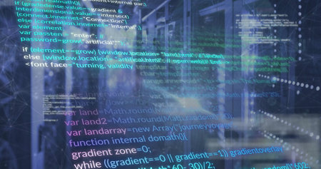 Image of data processing over server room. Global technology, computing and digital interface...