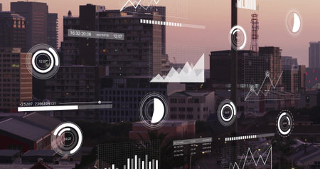 Image of diagrams and data processing over cityscape. Global business, city and digital interface...