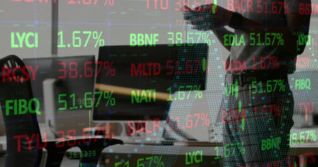Image of financial data processing over caucasian businessman using smartphone. Global finance,...