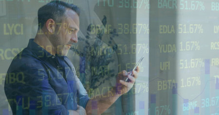 Image of financial data processing over caucasian businessman using smartphone. Global finance,...