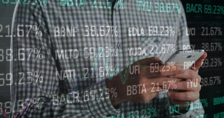 Image of financial data processing over caucasian businessman using smartphone. Global finance,...