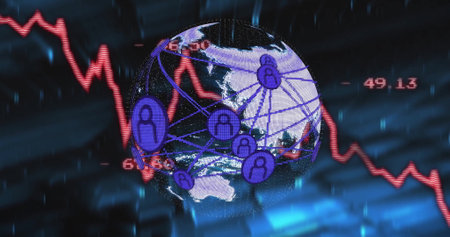 Global network connections and fluctuating financial data image over Earth. Globalization, technology, economy, digital, communication, internetの写真素材