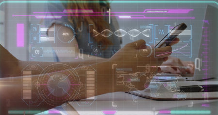 Image of data processing over biracial businessman using smartphone. Global finance, business,...
