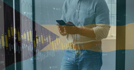 Image of financial data processing over caucasian businessman using smartphone. Global finance,...