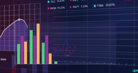 Image of colourful graph over charts and financial data processing on black background. Finance,...