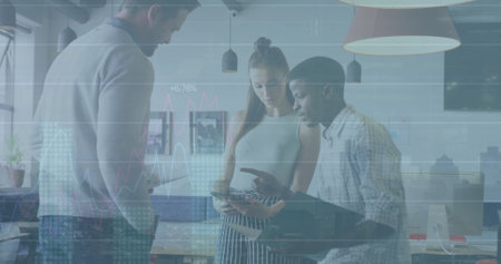 Image of financial data processing over diverse business people in office. Global finance, business,...