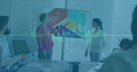 Image of financial data processing over diverse business people in office. Global finance, business,...