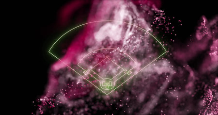 Baseball field diagram image over abstract pink and black background. Sports, digital, illustration,...