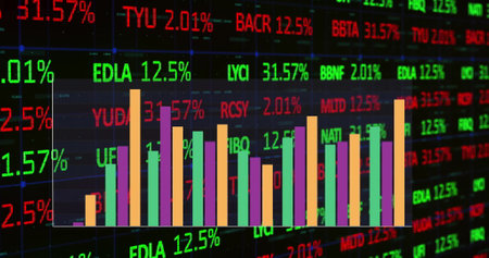 Image of colourful graph over financial data processing on black background. Data, finance, digital...
