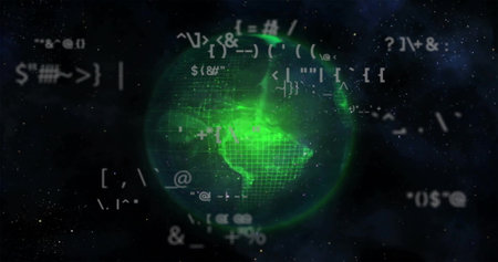 Image of data processing over globe on blue background. Global connections, computing and data...