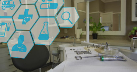 Image of network of medical icons over doctor's surgery. Global medicine, connections, computing...