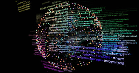 Rotating sphere of colorful dots and programming code image. Technology, digital, software, coding,...