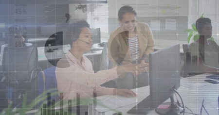 Image of data processing and diagrams over diverse colleagues talking in office. Business, technology and digital interface concept digitally generated image.の写真素材