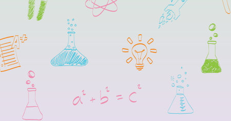 Image of colourful science and learning icons on white background. School, education, research, learning, connection, processing and communication, digitally generated image.の写真素材