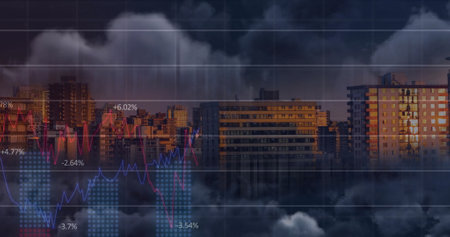 Image of charts and graphs processing data over clouds and cityscape. Data, digital interface, network, connection, business, finance, processing and communication, digitally generated image.の写真素材
