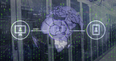 Image of globe, icons, binary coding and data processing over computer servers. Global connections,...