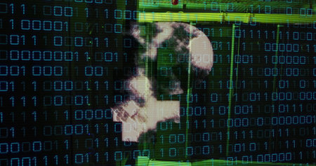 Image of cryptocurrency, binary coding and data processing over computer servers. Global connections, computing and data processing concept digitally generated image.の写真素材