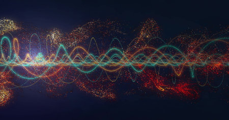 Image of light trails and data processing over black background. Global finance, business, connections, computing and data processing concept digitally generated image.の写真素材