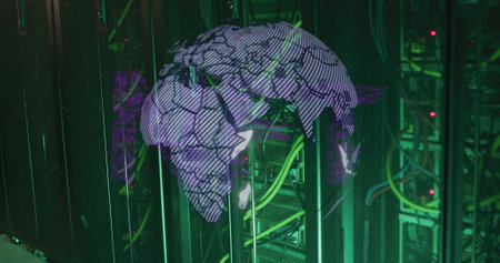 Image of globe and data processing over computer servers. Global connections, computing and data processing concept digitally generated image.の写真素材