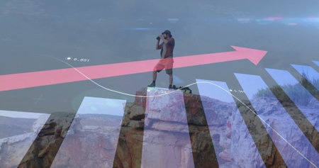 Image of financial data processing over caucasian man hiking in mountains. Global travel, finances, computing and digital interface concept digitally generated image.の写真素材