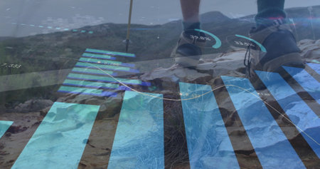 Image of financial data processing over caucasian man hiking in mountains. Global travel, finances, computing and digital interface concept digitally generated image.の写真素材