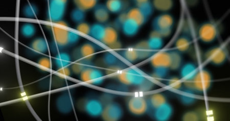 Image of digital data processing and glowing network of connections on dark background. Global...