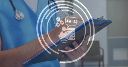 Image of business icons over caucasian female doctor taking notes. Global medicine, connections and...