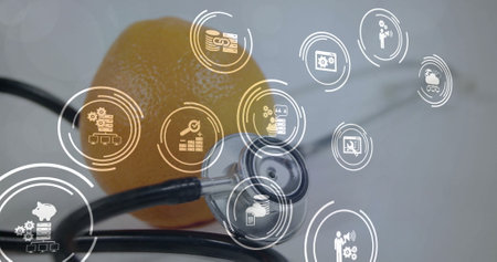 Image of business icons over stethoscope and orange. Global medicine, connections and digital...