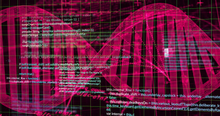 Image of data processing over dna strand on black background. Global technology, science, computing and digital interface concept digitally generated image.の写真素材