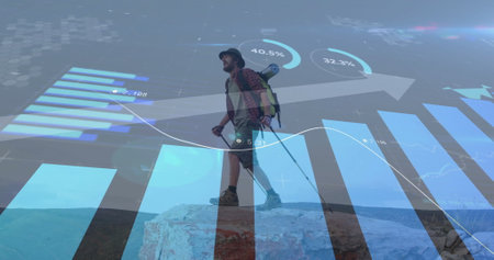 Image of financial data processing over caucasian man hiking in mountains. Global travel, finances, computing and digital interface concept digitally generated image.の写真素材