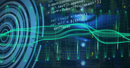 Image of scope and ata processing over computer servers. Global connections, computing and data...