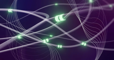 Image of digital data processing and glowing network of connections on dark background. Global...