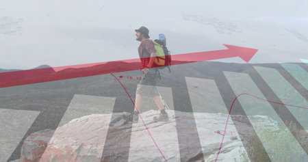 Image of financial data processing over caucasian man hiking in mountains. Global travel, finances, computing and digital interface concept digitally generated image.の写真素材