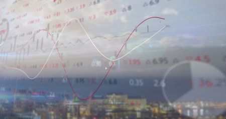 Image of financial data processing over cityscape. Global finance, business, connections, computing and data processing concept digitally generated image.の写真素材