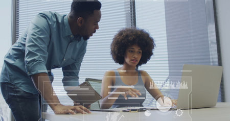 Image of digital data processing over diverse business people in office. Global finance, business,...