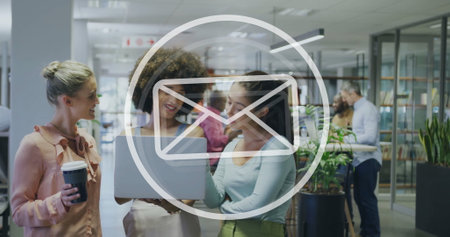 Image of email icon and data processing over diverse business people in office. Global finance,...