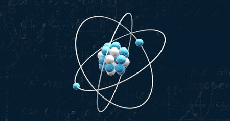 Image of mathematical equations and molecules on black background. Global business and digital...