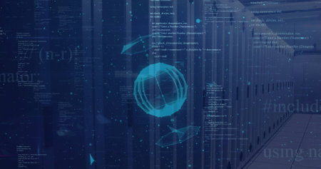 Image of globe of connections and data processing over server room. Global technology, computing and...
