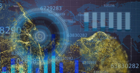 Image of light trails and data processing over world map on dark background. Global finance,...