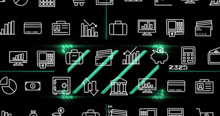 Image of digital icons and data processing over dark backgorund. Global connections, computing and data processing concept digitally generated image.の写真素材