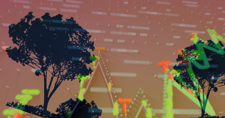 Image of graph and processing data over trees at sunset. Data, digital interface, network,...