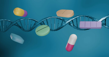 Image of pills moving over dna strand spinning. Global science, connections, computing and data...